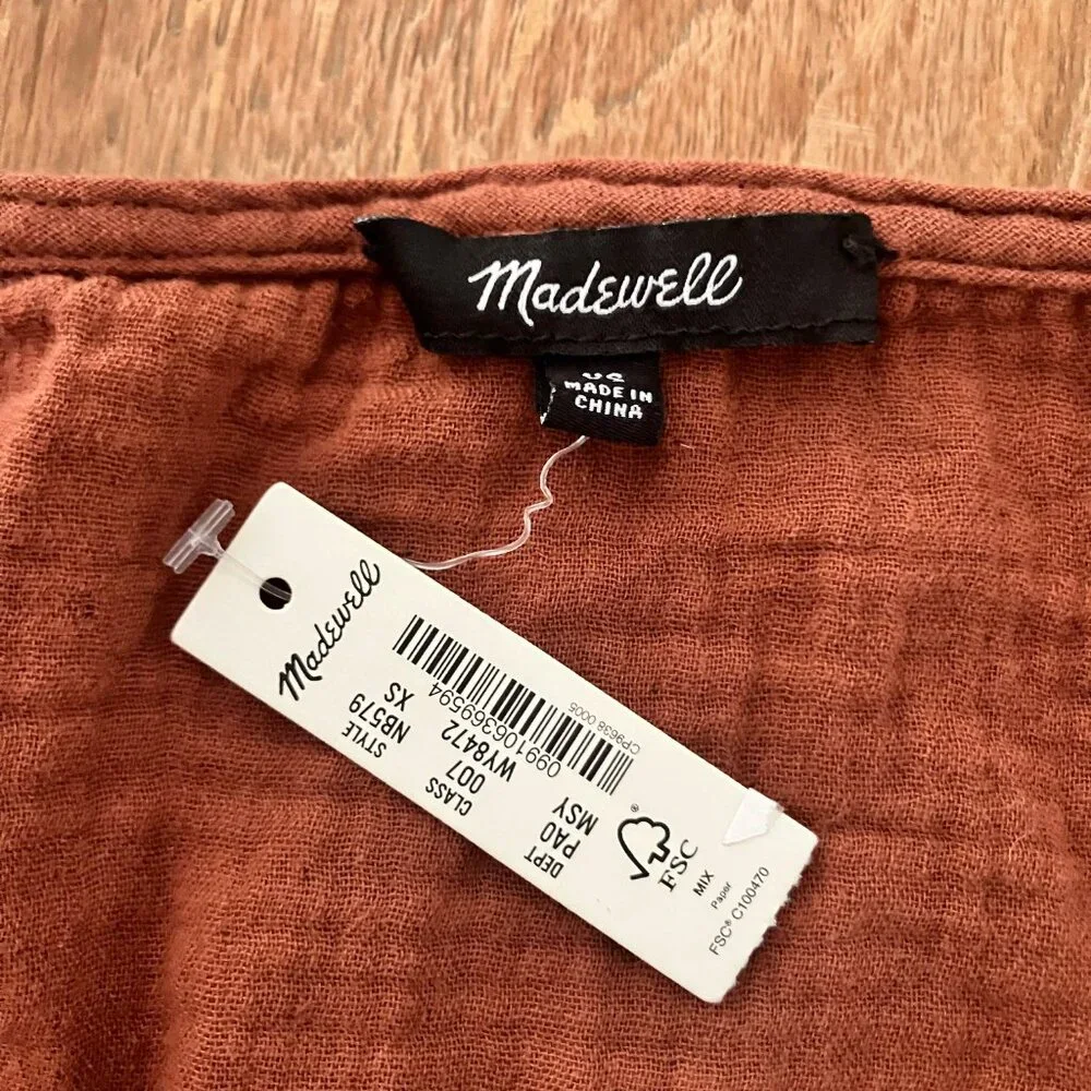 NWT Madewell Embroidered Lightspun Millbrook Puff-Sleeve Peplum Top, Sz XS
